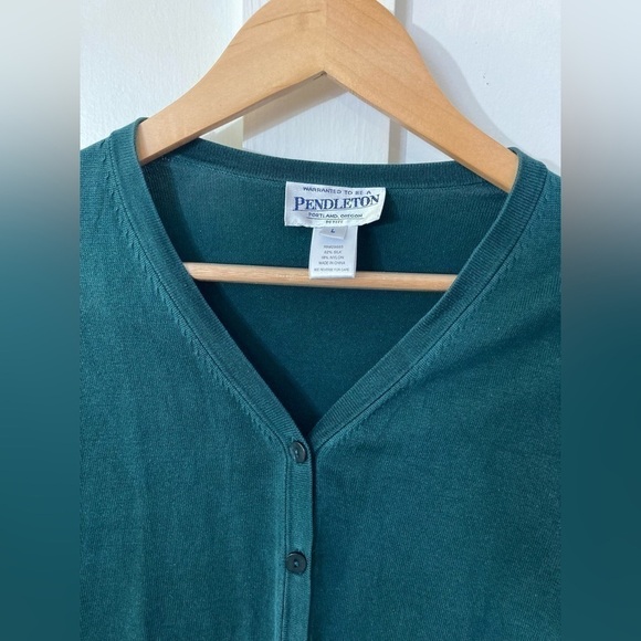 PENDLETON Large P Silk blend cardigan Vneck button down hunter green - Picture 3 of 7